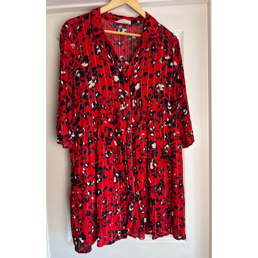 ba&sh Erin Rouge Dress Womens 10 Large Red Floral Metallic Stripe Button Front